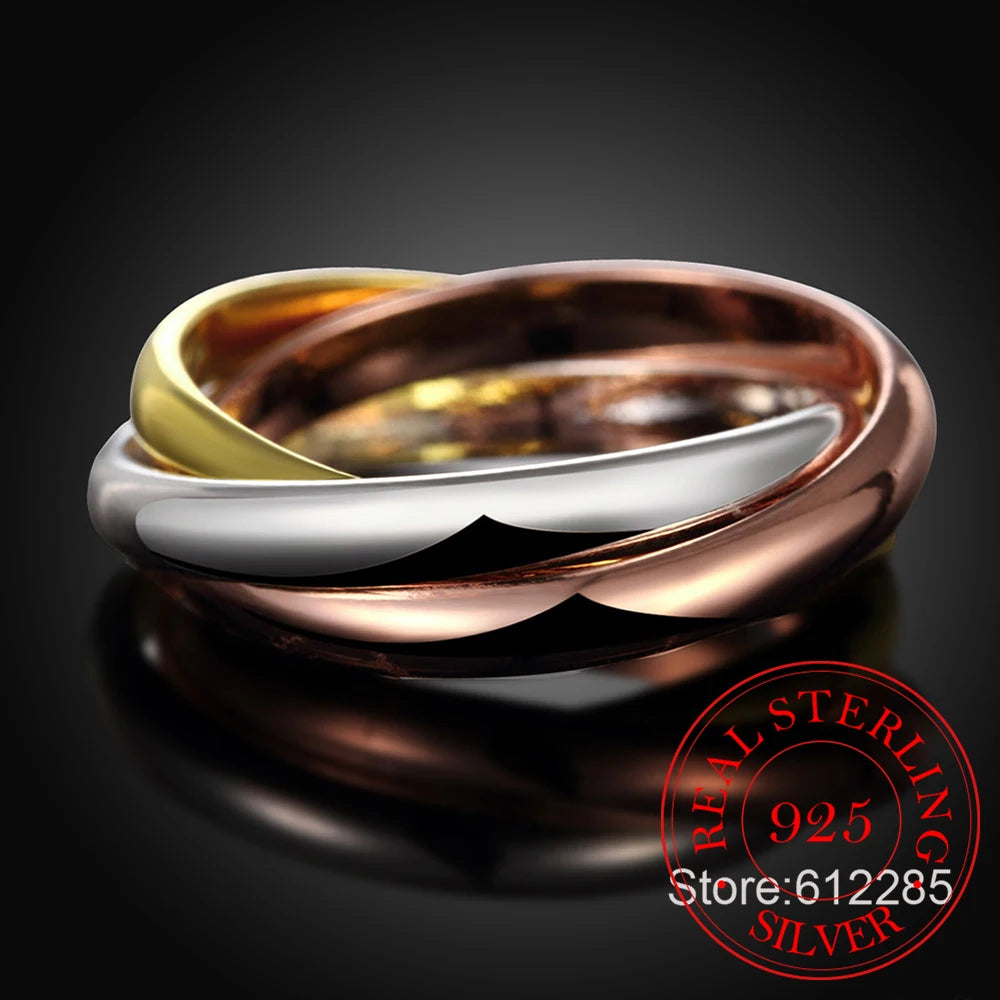 Best Gift! 925 Sterling Silver Ring,lover's Engagemet Jewelry,Three Color Circles Women&Men Gift Couple's Wedding Finger Rings