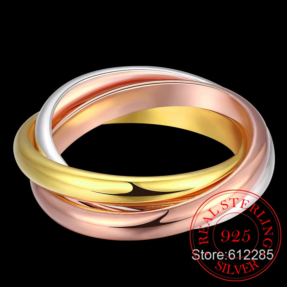 Best Gift! 925 Sterling Silver Ring,lover's Engagemet Jewelry,Three Color Circles Women&Men Gift Couple's Wedding Finger Rings