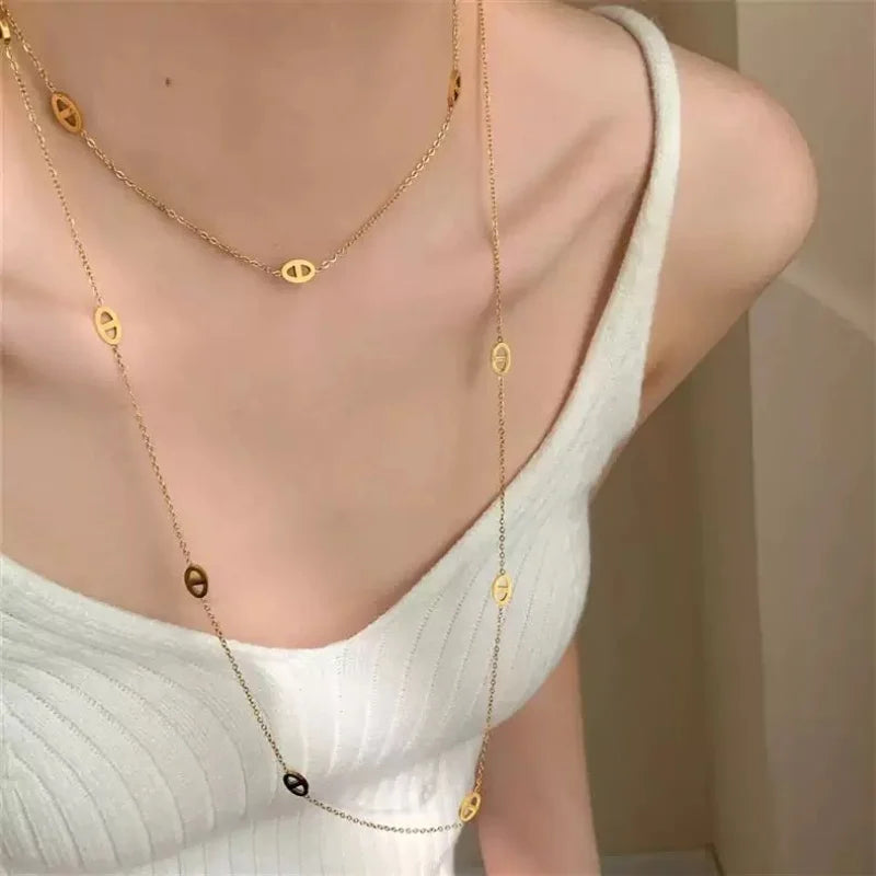 1 Piece Simple Stacking Pig Nose Fashion Style Metal Silver Color Long Necklace Sweater Chain