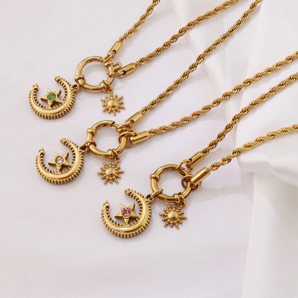 316 Stainless Steel Key Lock Fatima Charm Carabiner Clasp Necklace For Women Men Clover Moon Heart Pendant Necklace Jewelry Gift