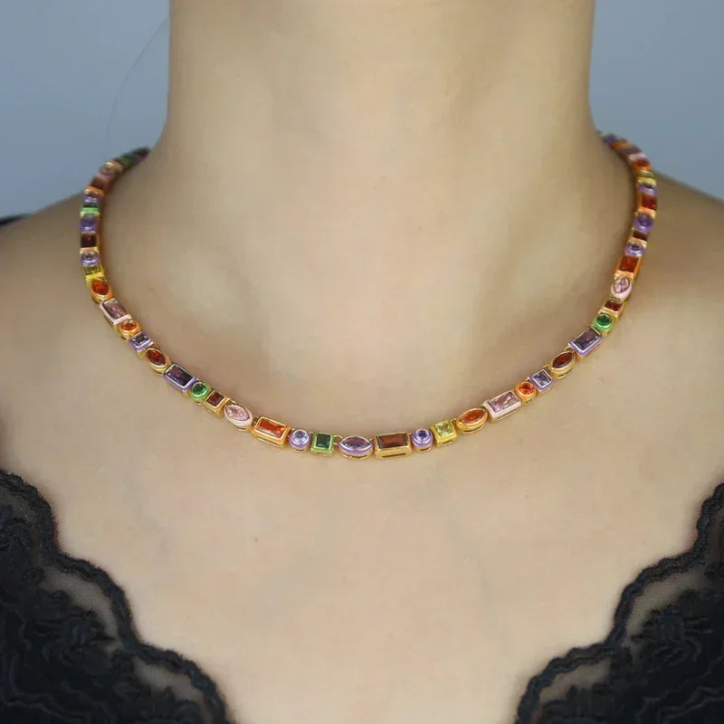 2025 New Geometric 5A CZ Rainbow Colorful Enamel Tennis Chain Bracelet Necklace Round Square Eye Rectangle Shape Women Jewelry