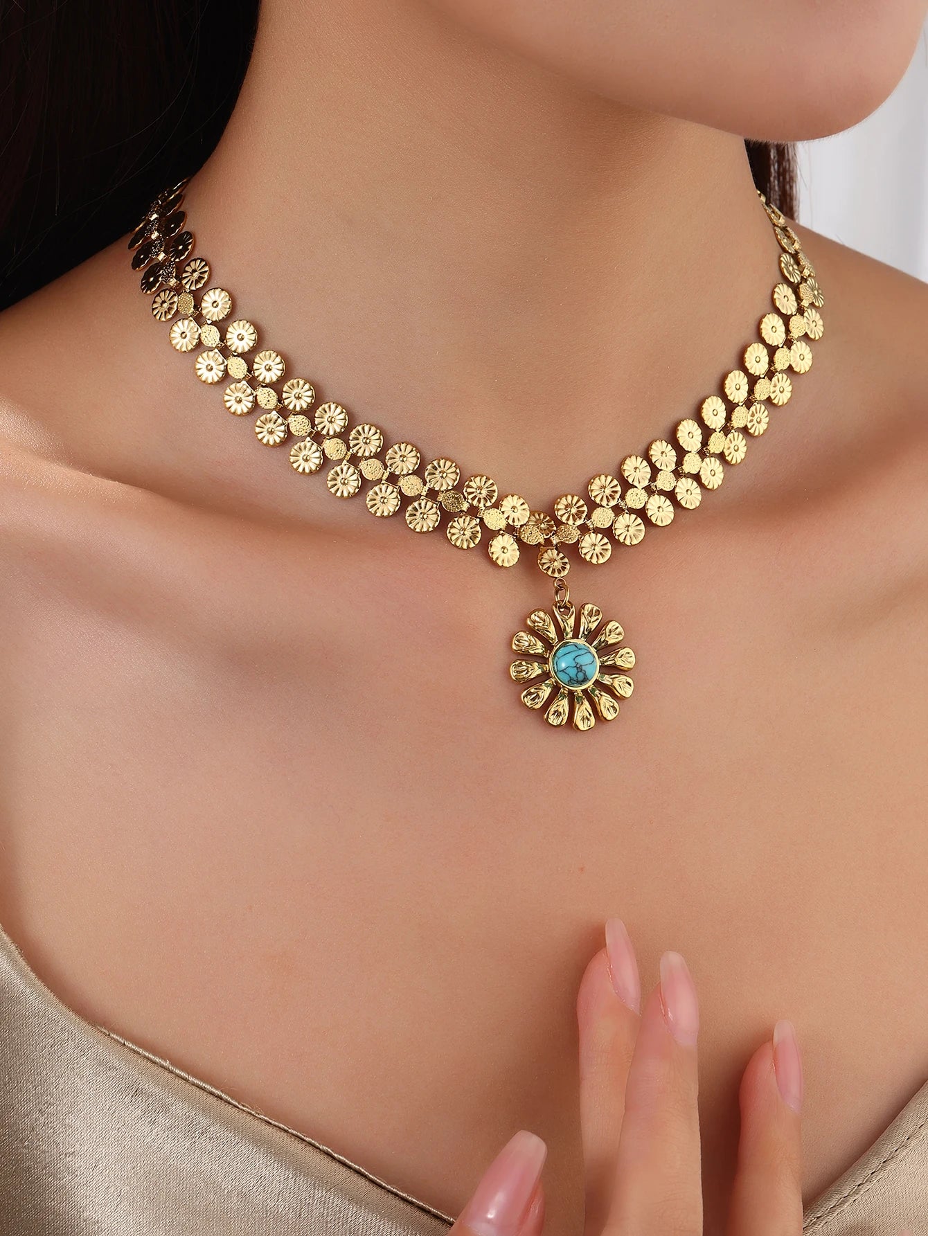 316L Stainless Steel Wide Chain Necklaces for Women Fashion Vintage Natural Stone Flower Pendan Necklace Jewelry