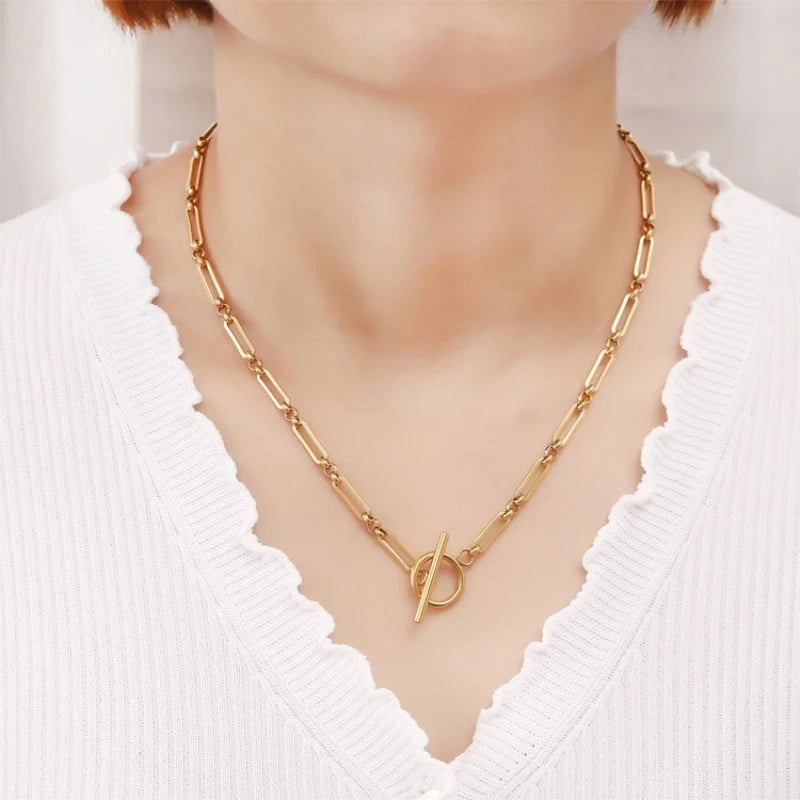 1pcs Fashion Minimalist Stainless Steel Jewelry Round Clasp Simple Vintage Metal Paperclip Bamboo-Pattern Chain Necklace