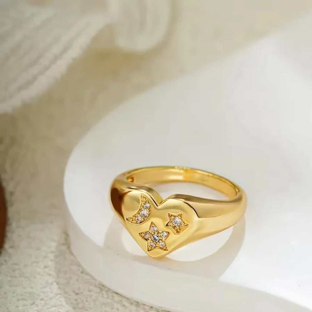 316 Stianless Steel Chunky Love Heart Wedding Rings Women Inlaid Zircon Star Moon Shape 18K Gold Plated Ring Waterproof Jewelry