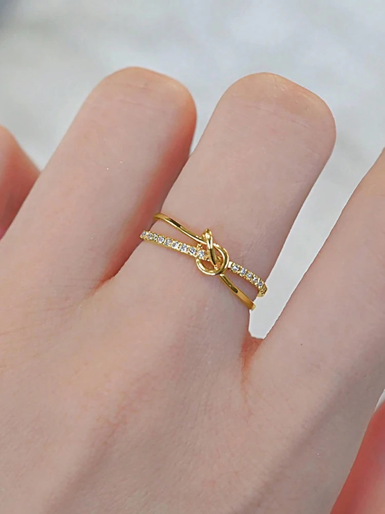 925 Sterling Silver Simplicity Advanced Golden Knot Double Ring For Women Anniversary Party Creativity High Quality Fine Jewelry