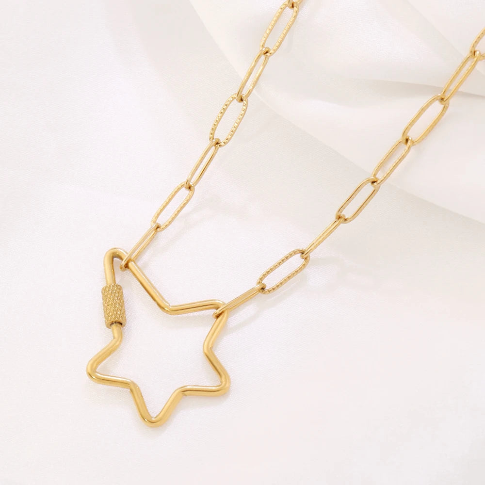 316 Stainless Steel Key Lock Fatima Charm Carabiner Clasp Necklace For Women Men Clover Moon Heart Pendant Necklace Jewelry Gift