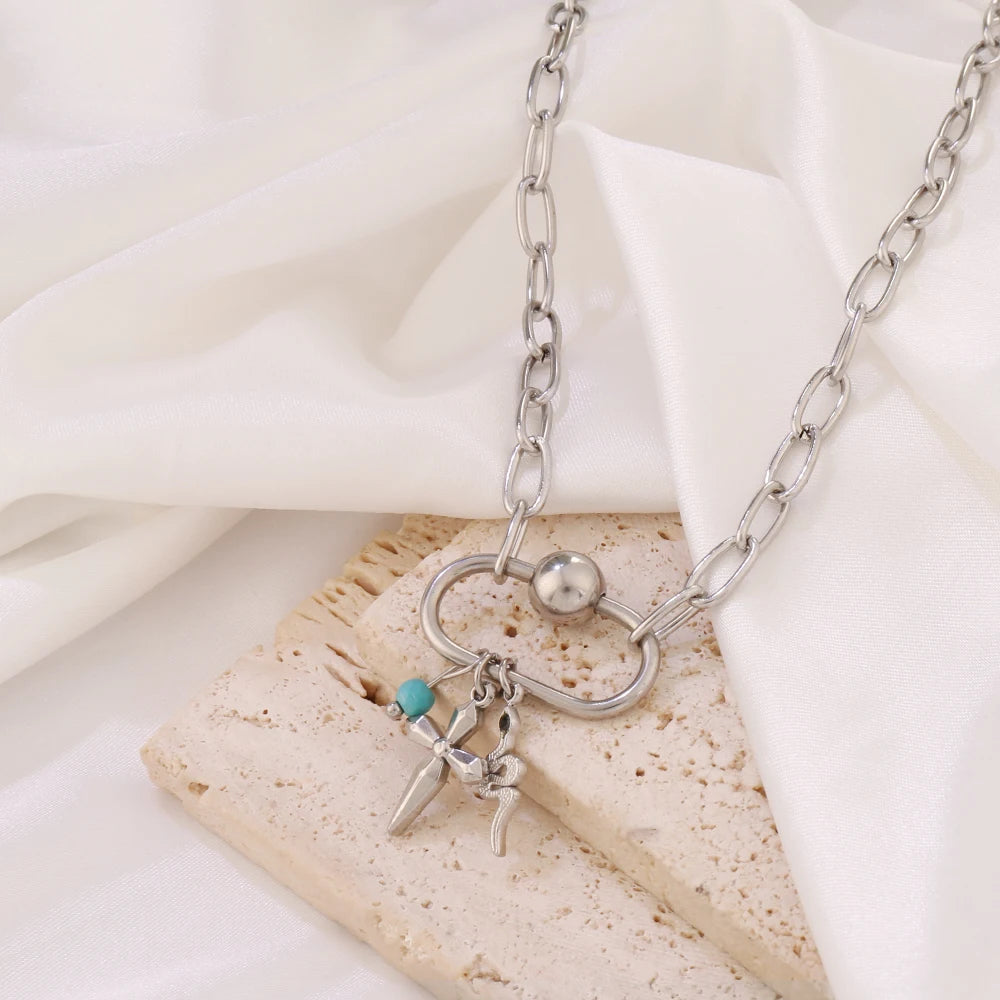 316 Stainless Steel Key Lock Fatima Charm Carabiner Clasp Necklace For Women Men Clover Moon Heart Pendant Necklace Jewelry Gift