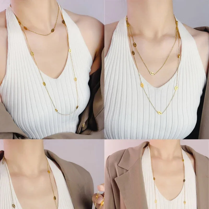 1 Piece Simple Stacking Pig Nose Fashion Style Metal Silver Color Long Necklace Sweater Chain