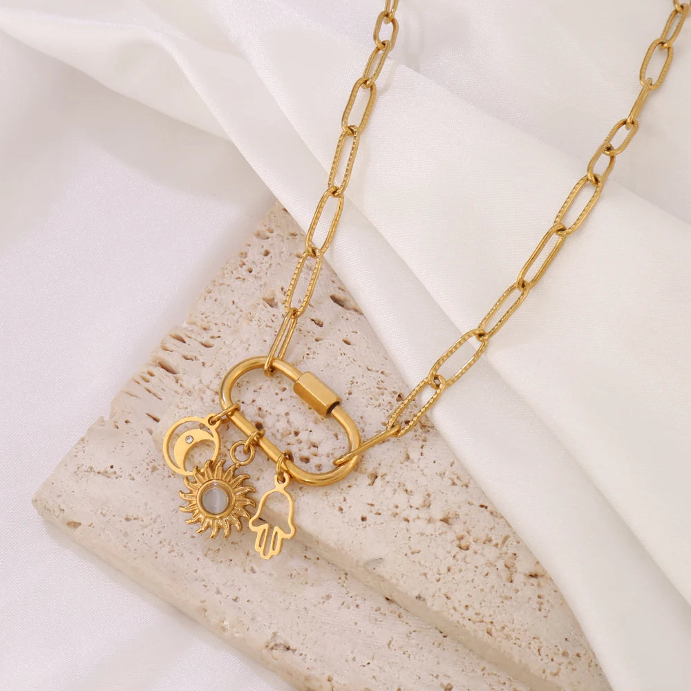 316 Stainless Steel Key Lock Fatima Charm Carabiner Clasp Necklace For Women Men Clover Moon Heart Pendant Necklace Jewelry Gift