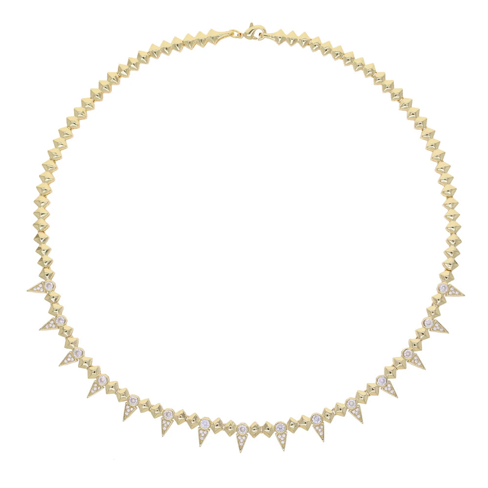 2025 New Cool Women Jewelry Gold Color Rock Punk CZ Paved Spike Geometric Charm Chain Necklace