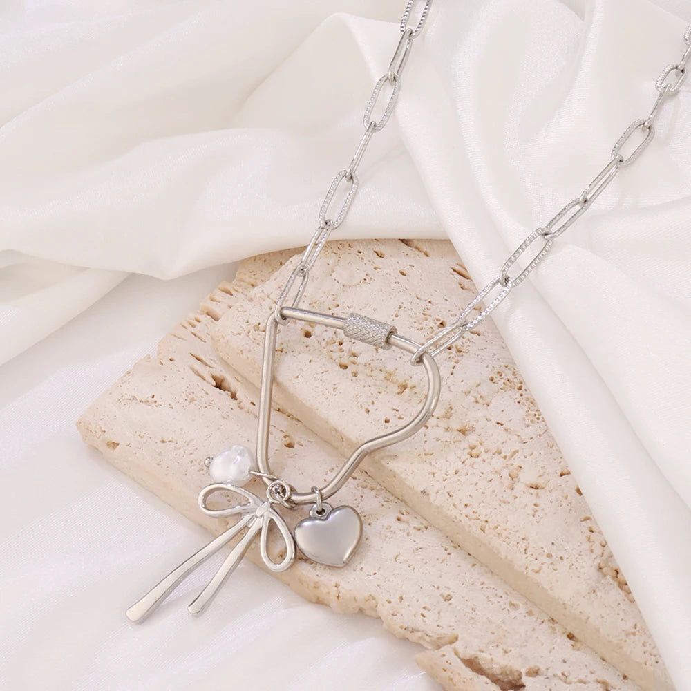 316 Stainless Steel Key Lock Fatima Charm Carabiner Clasp Necklace For Women Men Clover Moon Heart Pendant Necklace Jewelry Gift