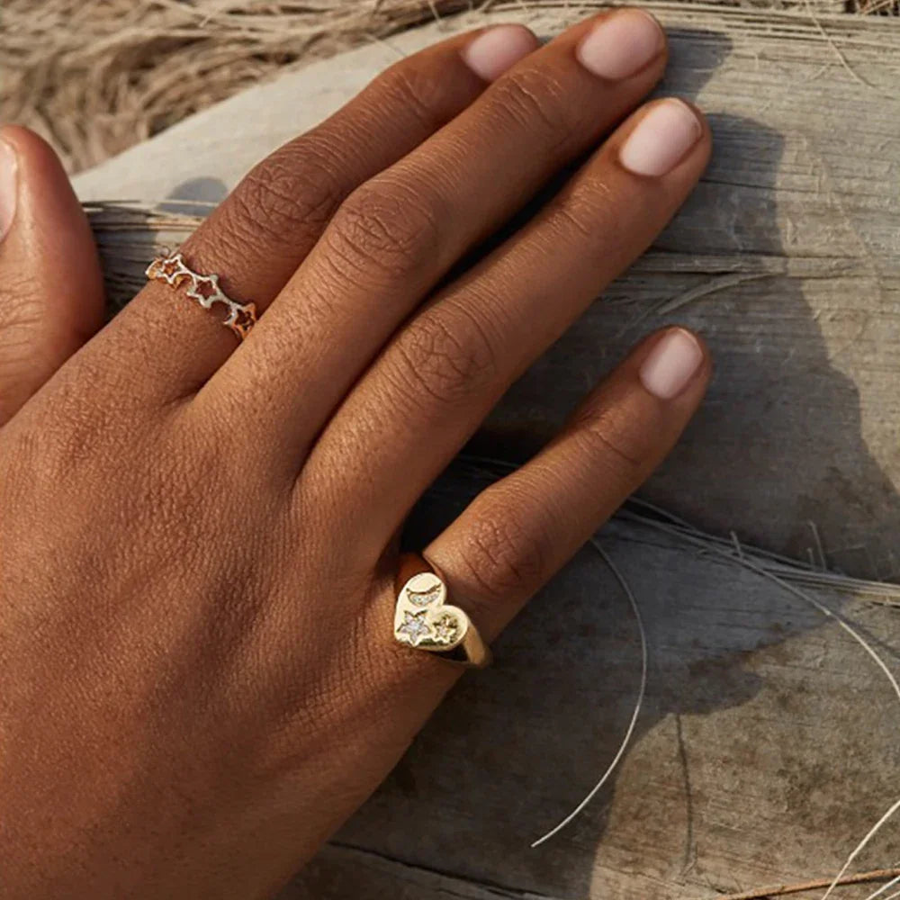 316 Stianless Steel Chunky Love Heart Wedding Rings Women Inlaid Zircon Star Moon Shape 18K Gold Plated Ring Waterproof Jewelry