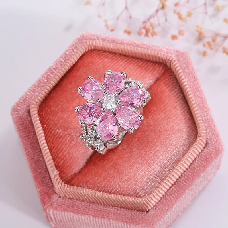 Exquisite Colorful Zircon Women's  Fashion Pink Flowers Women's Engagement Ring Party Jewelry Peach Blossom Ring Silver Ring