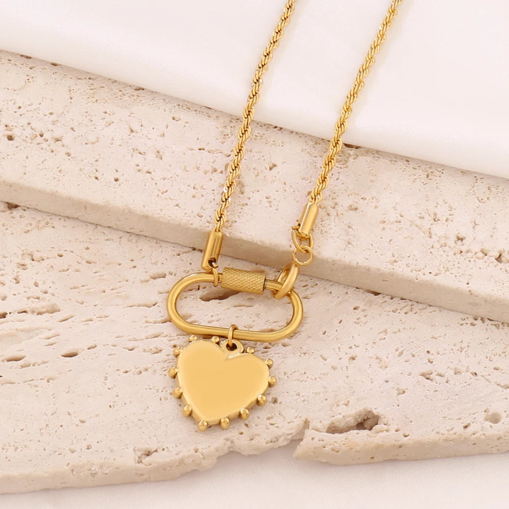 316 Stainless Steel Key Lock Fatima Charm Carabiner Clasp Necklace For Women Men Clover Moon Heart Pendant Necklace Jewelry Gift