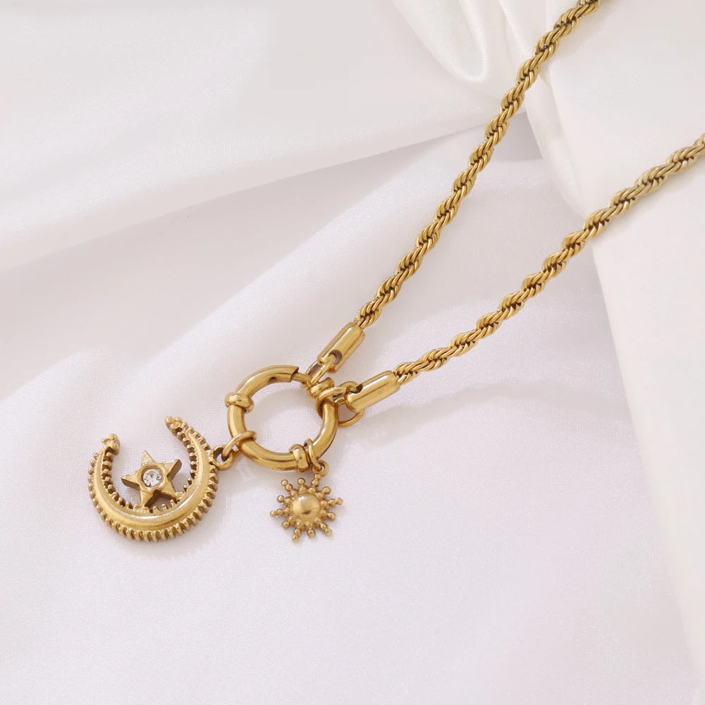 316 Stainless Steel Key Lock Fatima Charm Carabiner Clasp Necklace For Women Men Clover Moon Heart Pendant Necklace Jewelry Gift