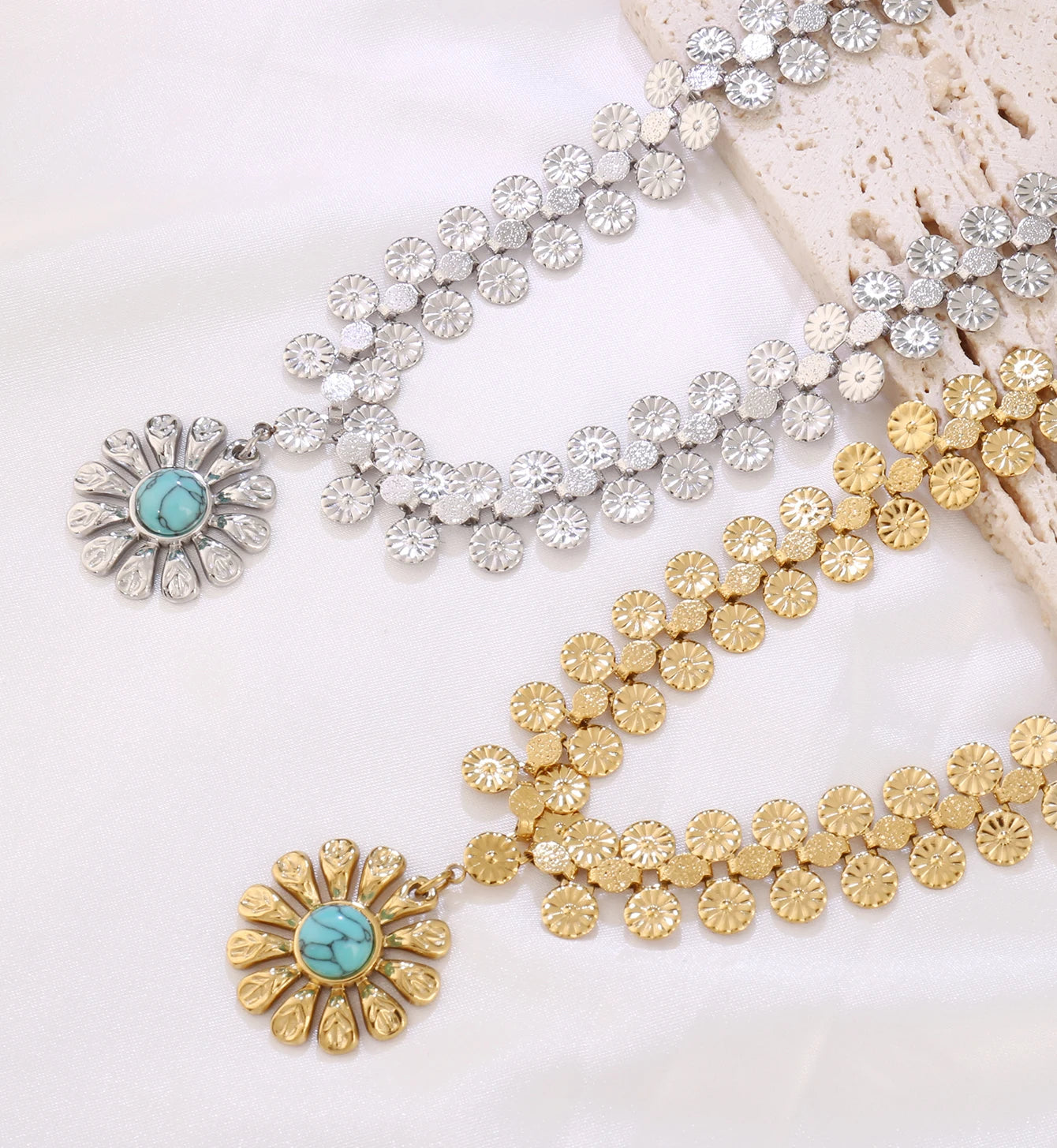 316L Stainless Steel Wide Chain Necklaces for Women Fashion Vintage Natural Stone Flower Pendan Necklace Jewelry