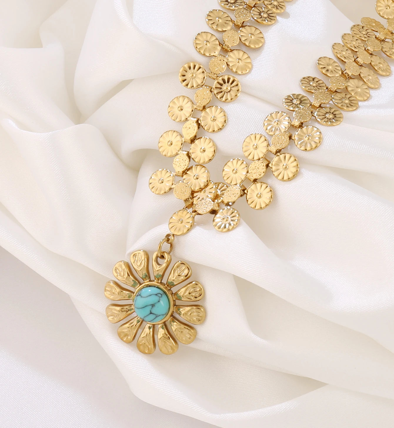 316L Stainless Steel Wide Chain Necklaces for Women Fashion Vintage Natural Stone Flower Pendan Necklace Jewelry