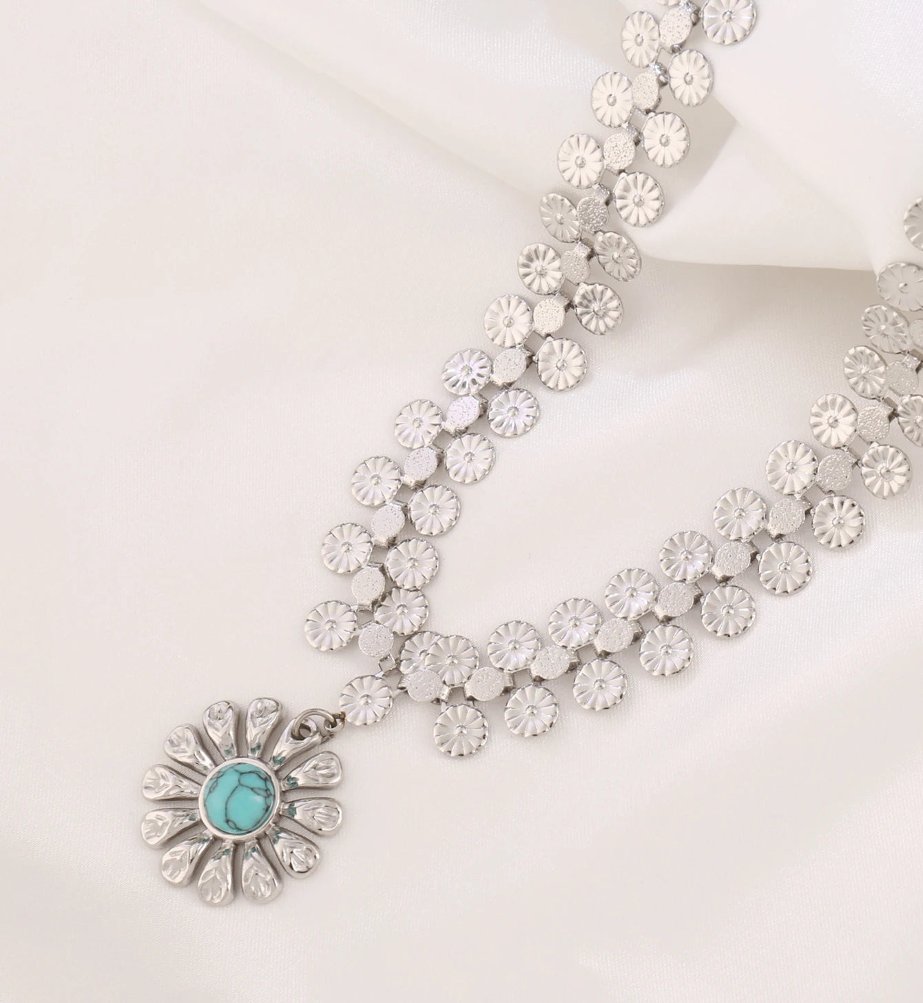 316L Stainless Steel Wide Chain Necklaces for Women Fashion Vintage Natural Stone Flower Pendan Necklace Jewelry