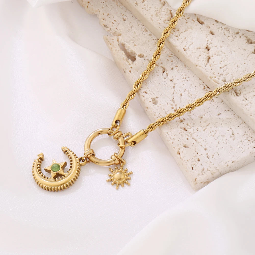 316 Stainless Steel Key Lock Fatima Charm Carabiner Clasp Necklace For Women Men Clover Moon Heart Pendant Necklace Jewelry Gift