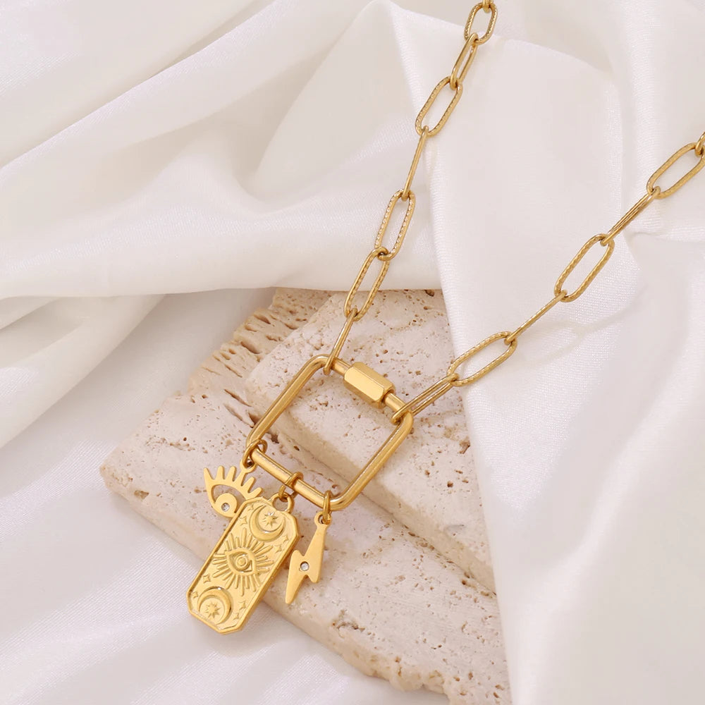 316 Stainless Steel Key Lock Fatima Charm Carabiner Clasp Necklace For Women Men Clover Moon Heart Pendant Necklace Jewelry Gift