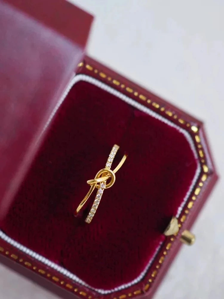 925 Sterling Silver Simplicity Advanced Golden Knot Double Ring For Women Anniversary Party Creativity High Quality Fine Jewelry