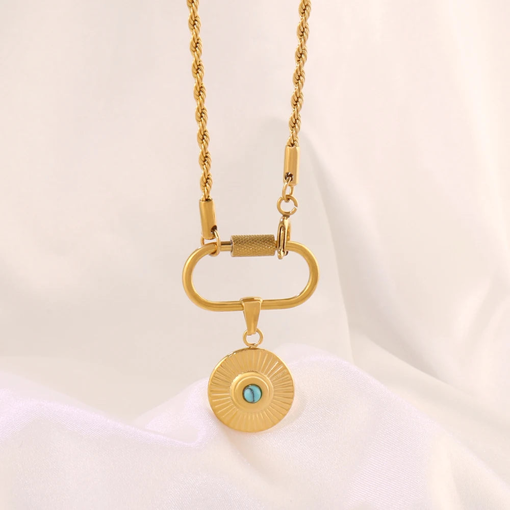 316 Stainless Steel Key Lock Fatima Charm Carabiner Clasp Necklace For Women Men Clover Moon Heart Pendant Necklace Jewelry Gift