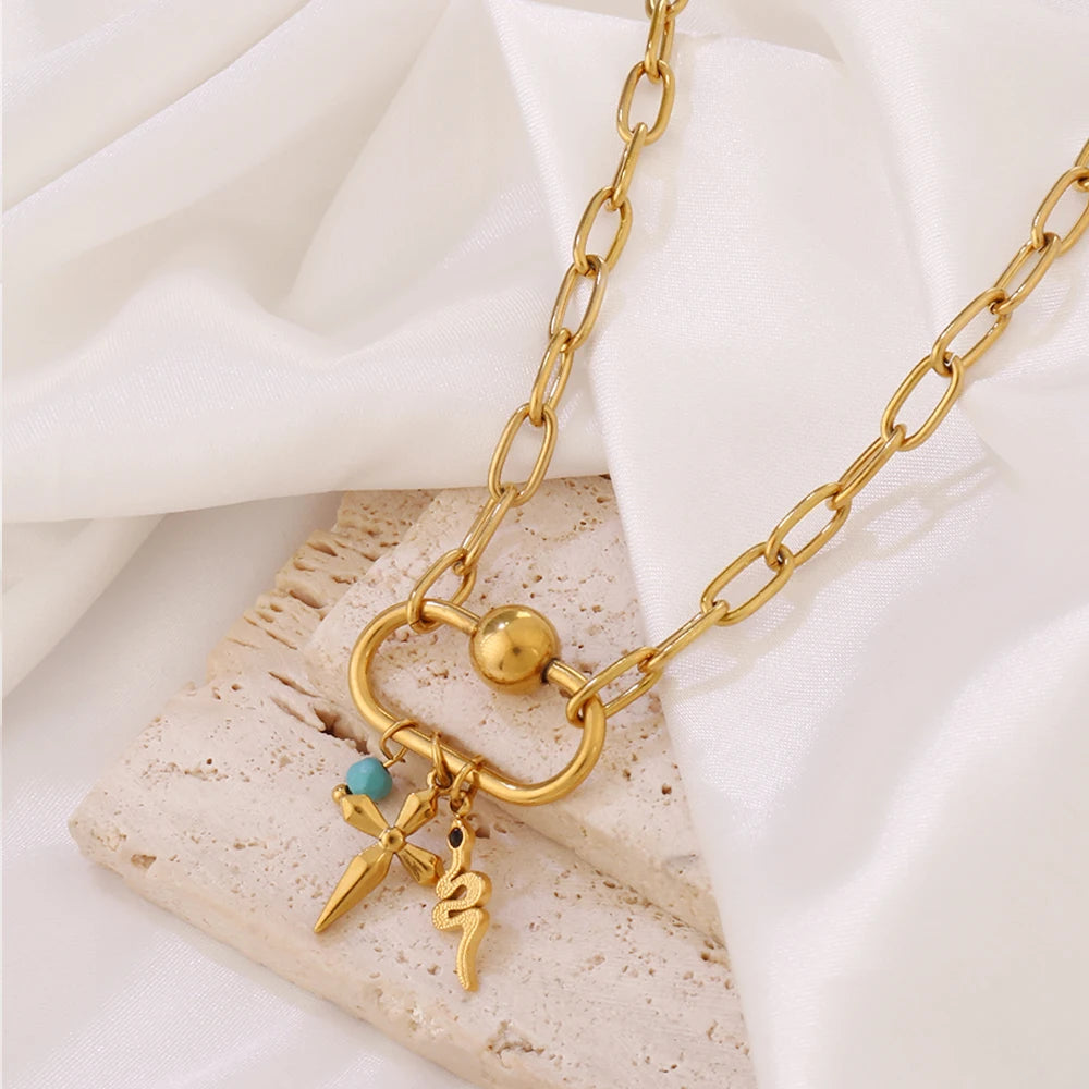 316 Stainless Steel Key Lock Fatima Charm Carabiner Clasp Necklace For Women Men Clover Moon Heart Pendant Necklace Jewelry Gift