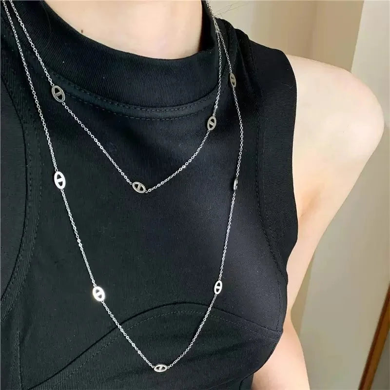 1 Piece Simple Stacking Pig Nose Fashion Style Metal Silver Color Long Necklace Sweater Chain