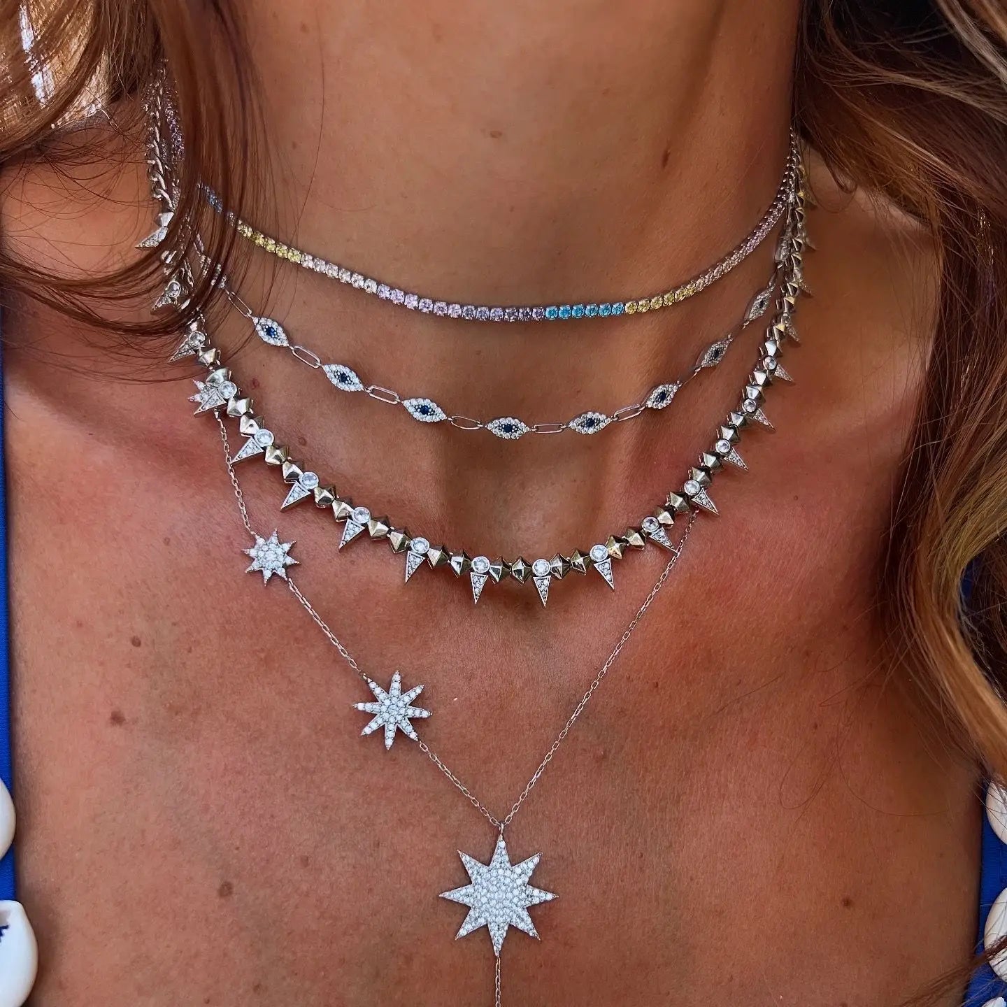 2025 New Cool Women Jewelry Gold Color Rock Punk CZ Paved Spike Geometric Charm Chain Necklace