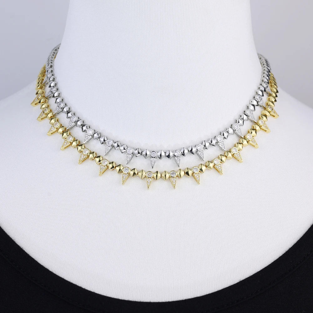 2025 New Cool Women Jewelry Gold Color Rock Punk CZ Paved Spike Geometric Charm Chain Necklace