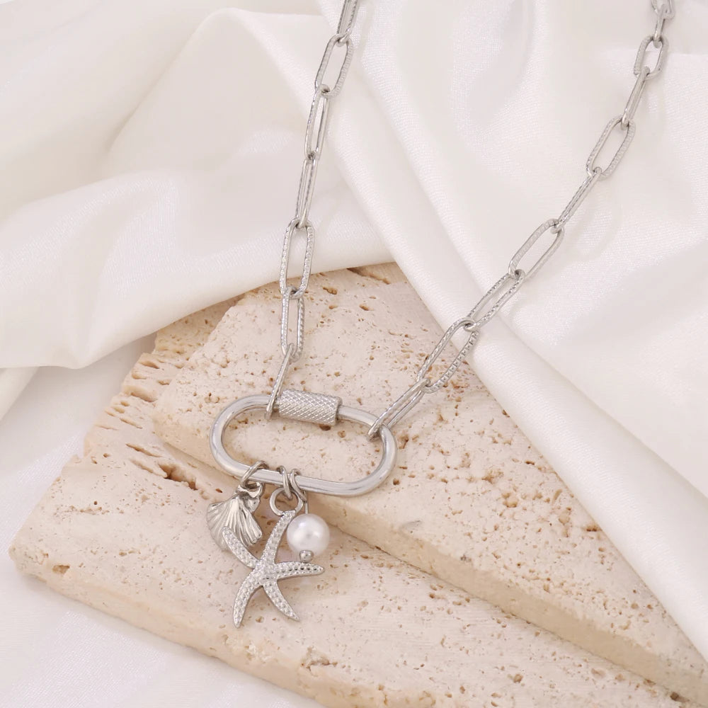 316 Stainless Steel Key Lock Fatima Charm Carabiner Clasp Necklace For Women Men Clover Moon Heart Pendant Necklace Jewelry Gift