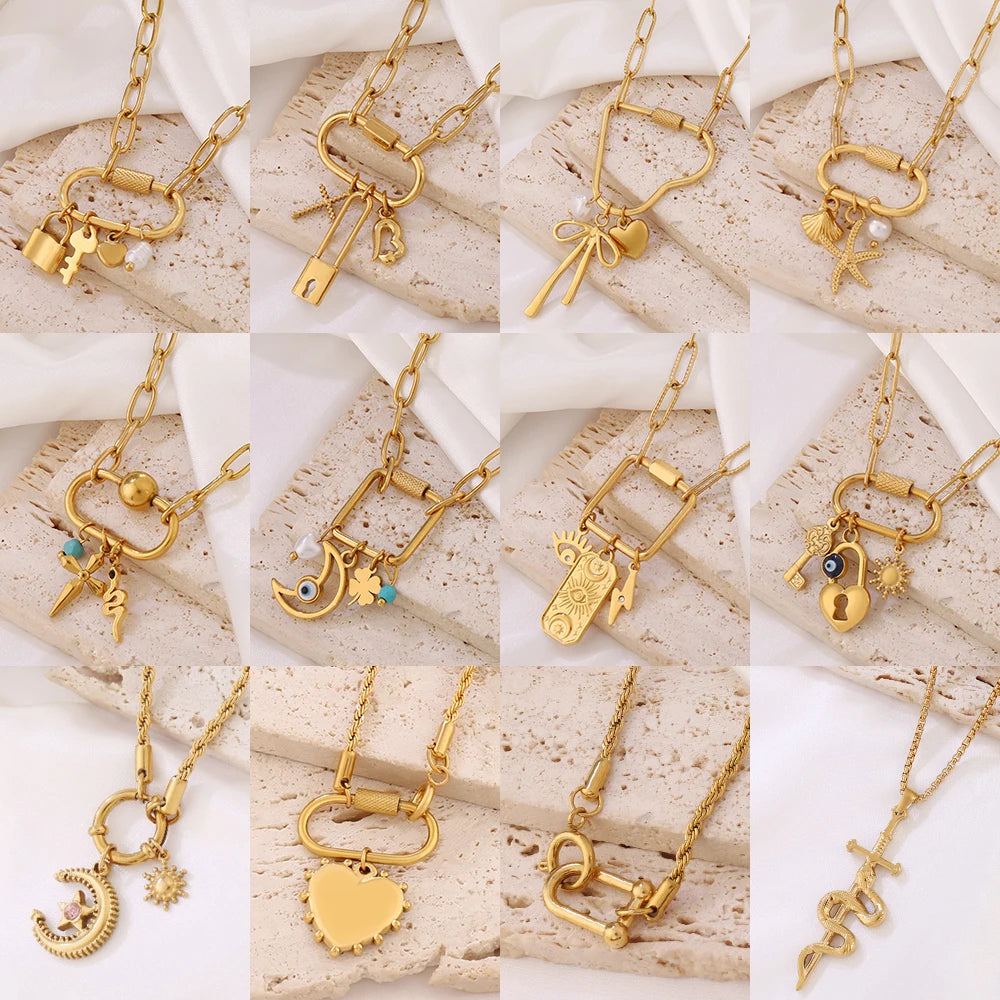 316 Stainless Steel Key Lock Fatima Charm Carabiner Clasp Necklace For Women Men Clover Moon Heart Pendant Necklace Jewelry Gift