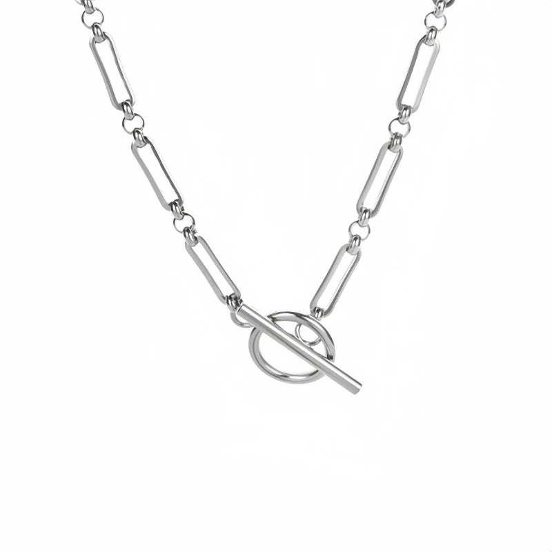 1pcs Fashion Minimalist Stainless Steel Jewelry Round Clasp Simple Vintage Metal Paperclip Bamboo-Pattern Chain Necklace