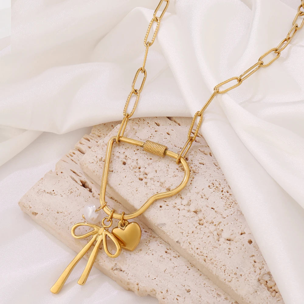 316 Stainless Steel Key Lock Fatima Charm Carabiner Clasp Necklace For Women Men Clover Moon Heart Pendant Necklace Jewelry Gift