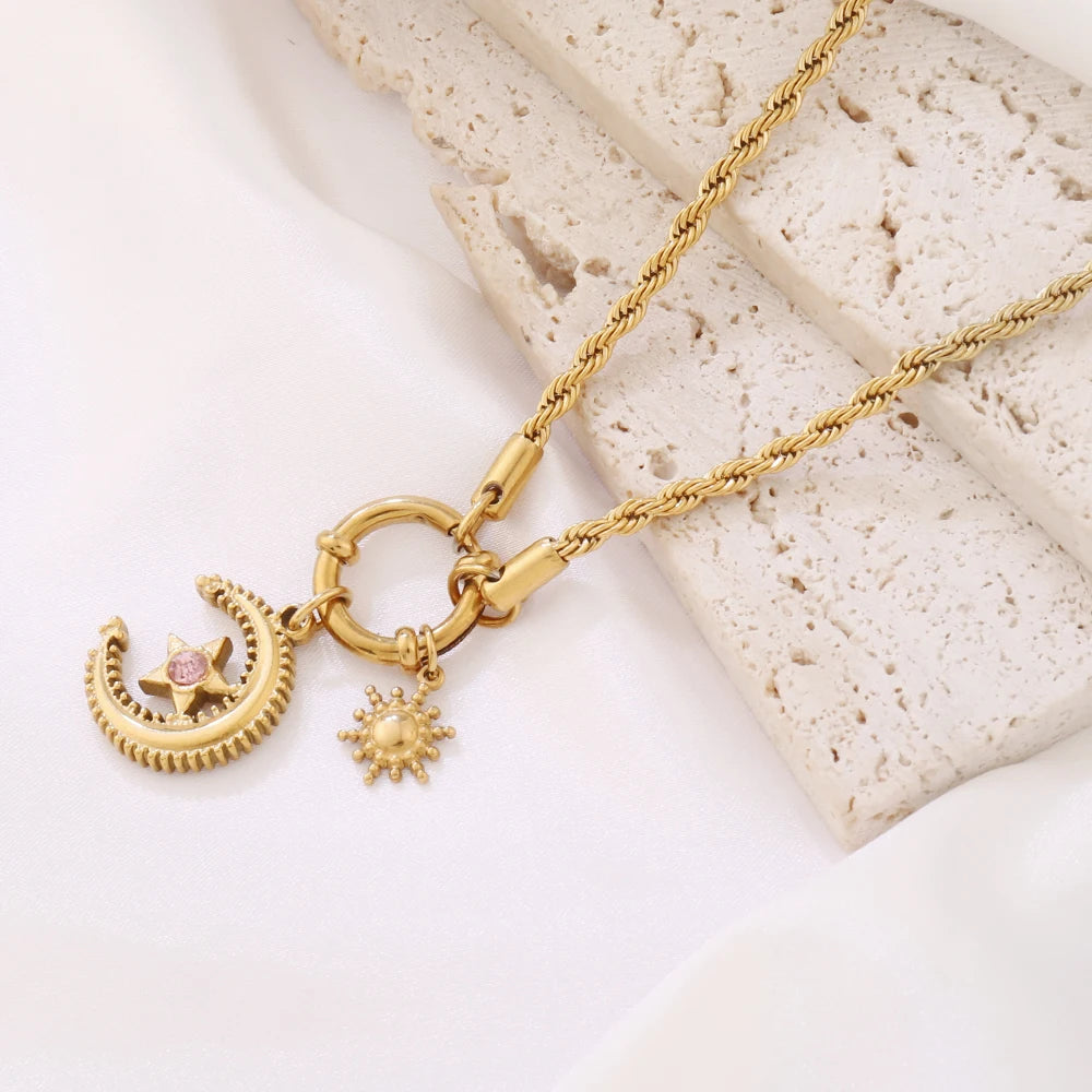 316 Stainless Steel Key Lock Fatima Charm Carabiner Clasp Necklace For Women Men Clover Moon Heart Pendant Necklace Jewelry Gift