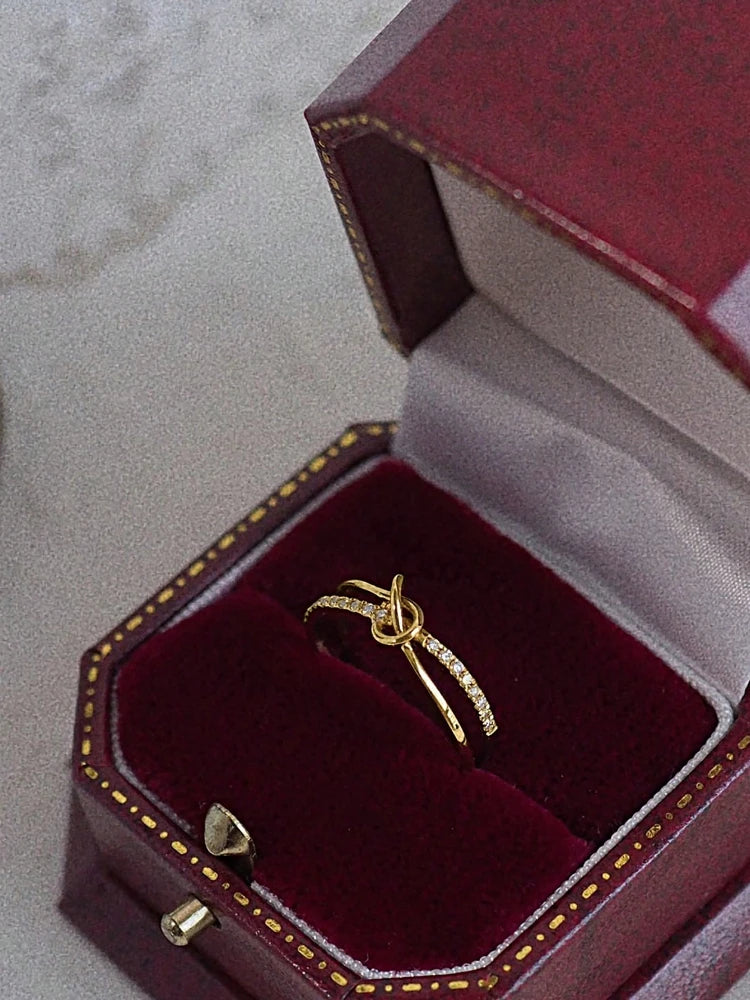 925 Sterling Silver Simplicity Advanced Golden Knot Double Ring For Women Anniversary Party Creativity High Quality Fine Jewelry