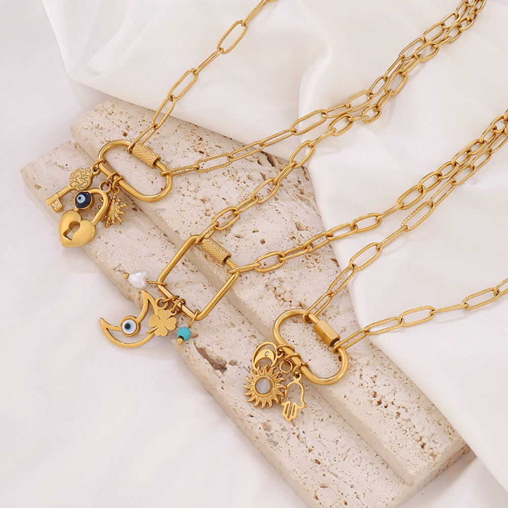 316 Stainless Steel Key Lock Fatima Charm Carabiner Clasp Necklace For Women Men Clover Moon Heart Pendant Necklace Jewelry Gift