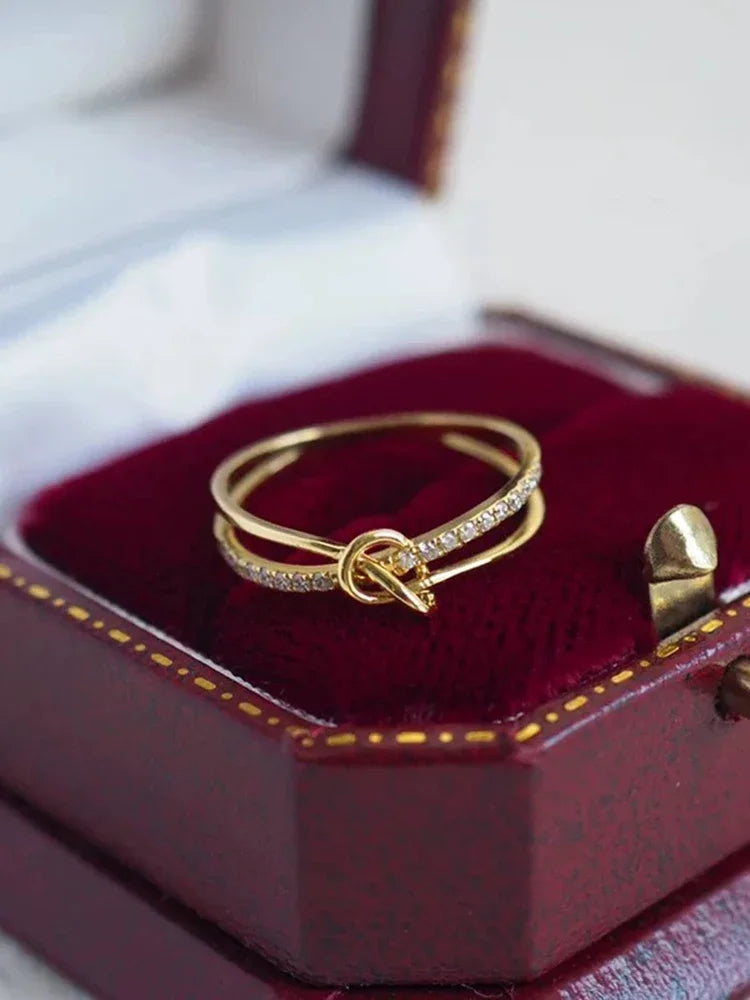 925 Sterling Silver Simplicity Advanced Golden Knot Double Ring For Women Anniversary Party Creativity High Quality Fine Jewelry