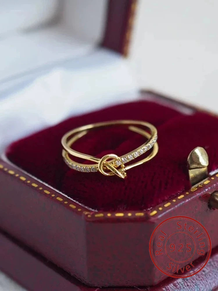 925 Sterling Silver Simplicity Advanced Golden Knot Double Ring For Women Anniversary Party Creativity High Quality Fine Jewelry