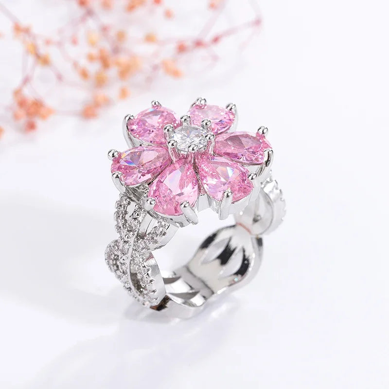 Exquisite Colorful Zircon Women's  Fashion Pink Flowers Women's Engagement Ring Party Jewelry Peach Blossom Ring Silver Ring