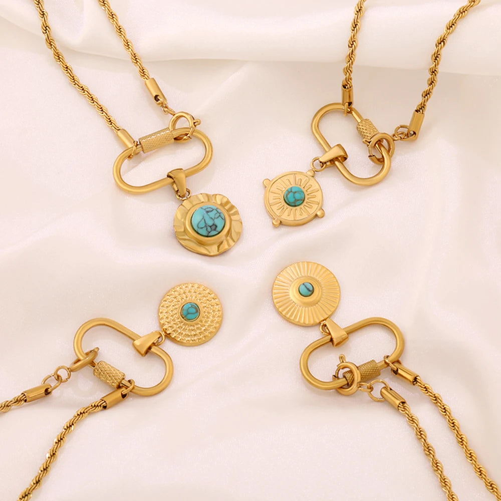 316 Stainless Steel Key Lock Fatima Charm Carabiner Clasp Necklace For Women Men Clover Moon Heart Pendant Necklace Jewelry Gift