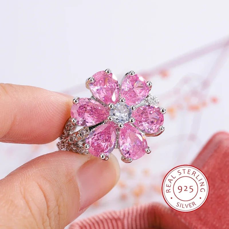 Exquisite Colorful Zircon Women's  Fashion Pink Flowers Women's Engagement Ring Party Jewelry Peach Blossom Ring Silver Ring