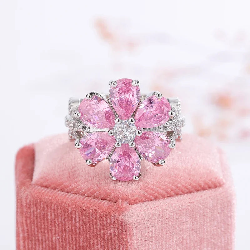 Exquisite Colorful Zircon Women's  Fashion Pink Flowers Women's Engagement Ring Party Jewelry Peach Blossom Ring Silver Ring