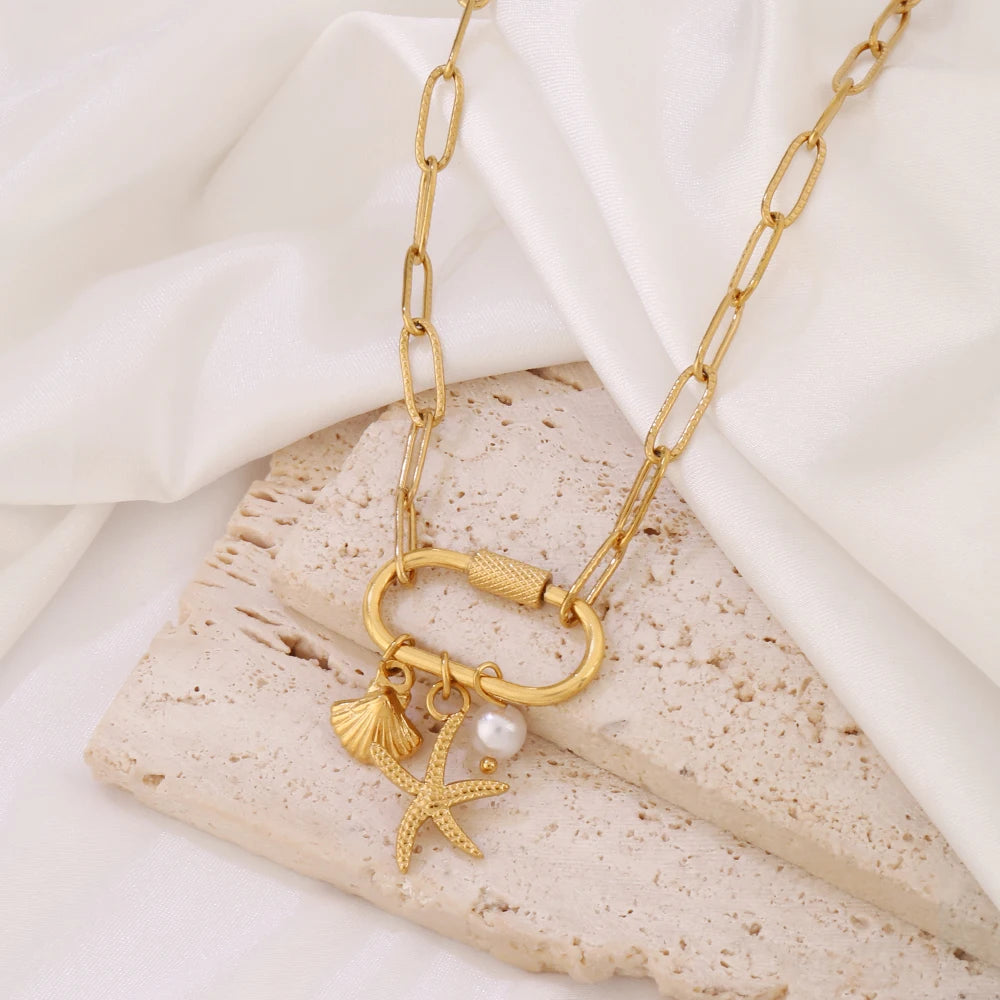 316 Stainless Steel Key Lock Fatima Charm Carabiner Clasp Necklace For Women Men Clover Moon Heart Pendant Necklace Jewelry Gift