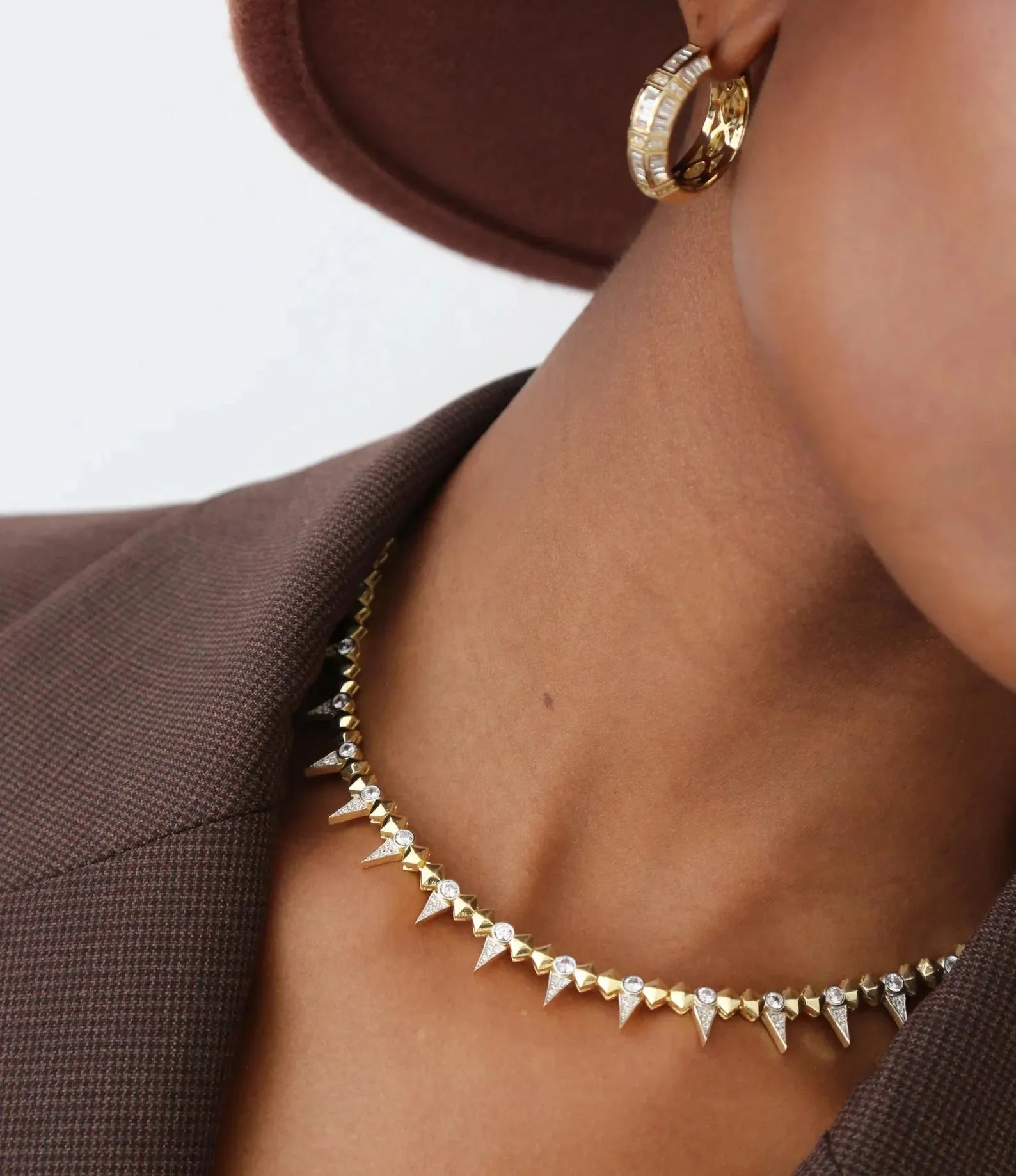 2025 New Cool Women Jewelry Gold Color Rock Punk CZ Paved Spike Geometric Charm Chain Necklace