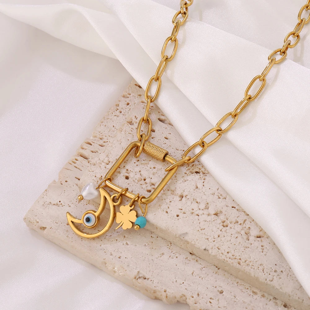 316 Stainless Steel Key Lock Fatima Charm Carabiner Clasp Necklace For Women Men Clover Moon Heart Pendant Necklace Jewelry Gift