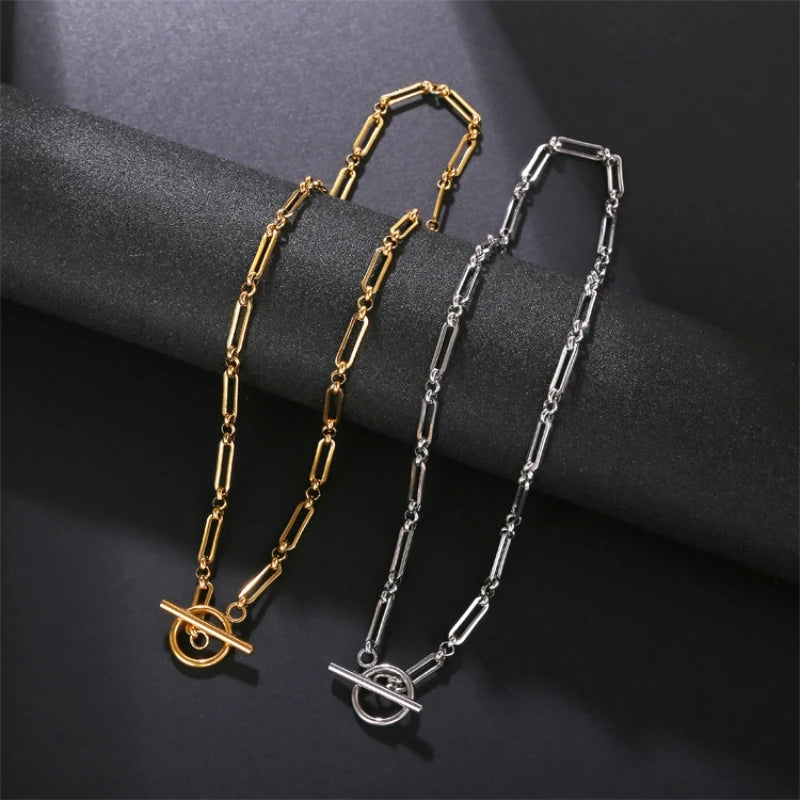 1pcs Fashion Minimalist Stainless Steel Jewelry Round Clasp Simple Vintage Metal Paperclip Bamboo-Pattern Chain Necklace
