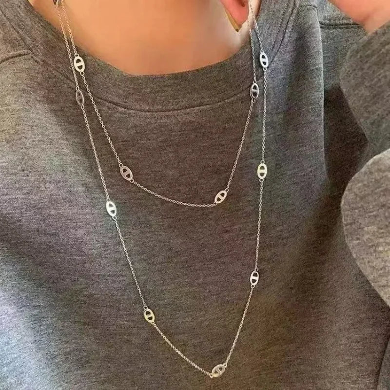 1 Piece Simple Stacking Pig Nose Fashion Style Metal Silver Color Long Necklace Sweater Chain