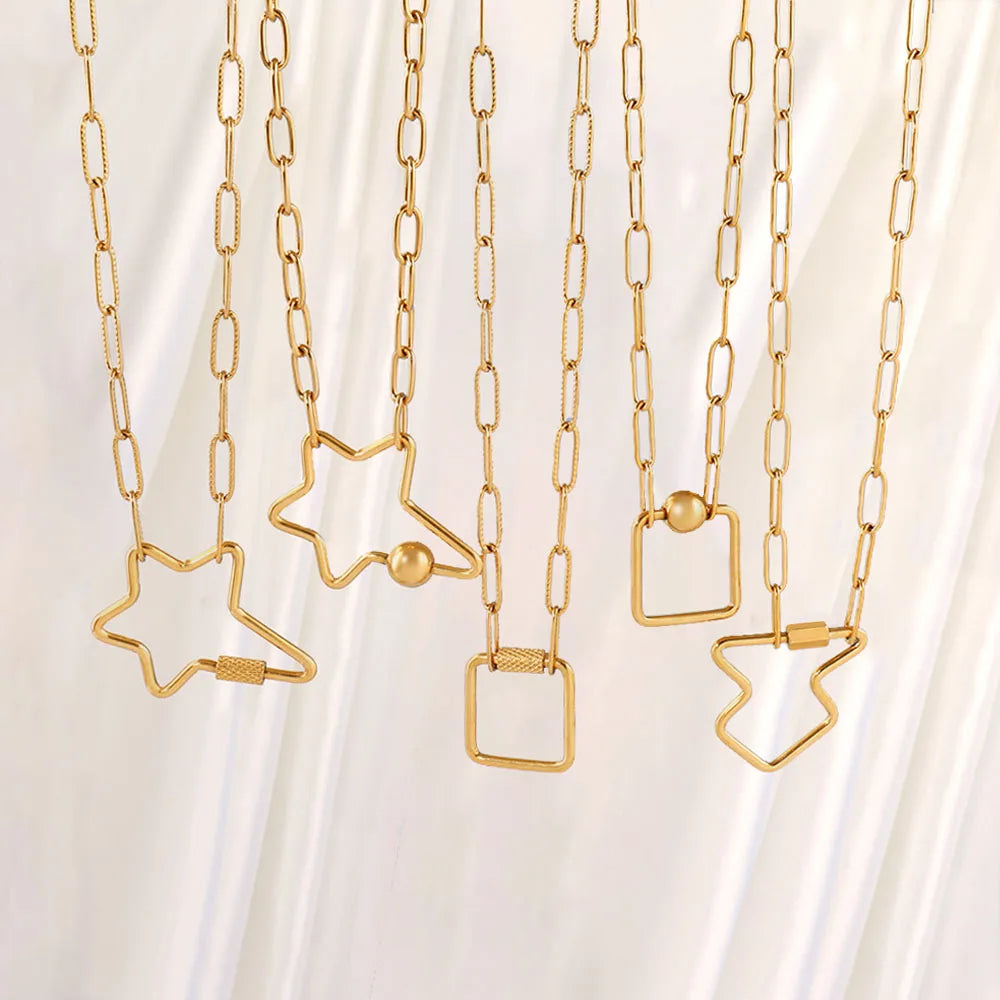 316 Stainless Steel Key Lock Fatima Charm Carabiner Clasp Necklace For Women Men Clover Moon Heart Pendant Necklace Jewelry Gift