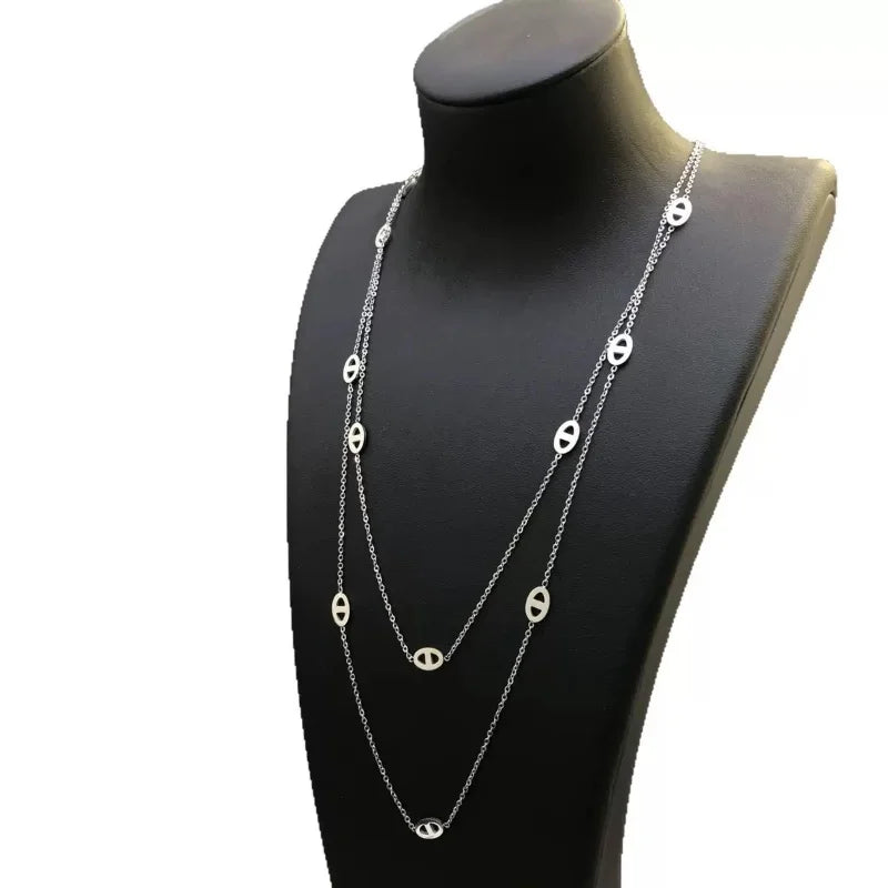 1 Piece Simple Stacking Pig Nose Fashion Style Metal Silver Color Long Necklace Sweater Chain